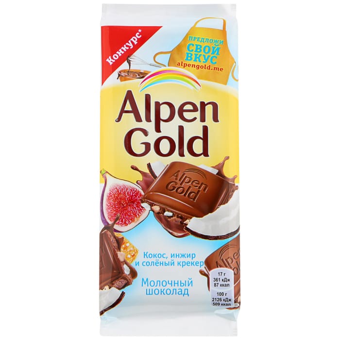 Шоколад "Alpen Gold" 85г, белый кокос и инжир Шоколад "Alpen Gold" 85г, белый кокос и инжир